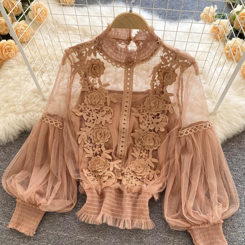 Niche 3D Flower Patchwork Mesh Lantern Sleeve Slim Fit Lace Top for Women