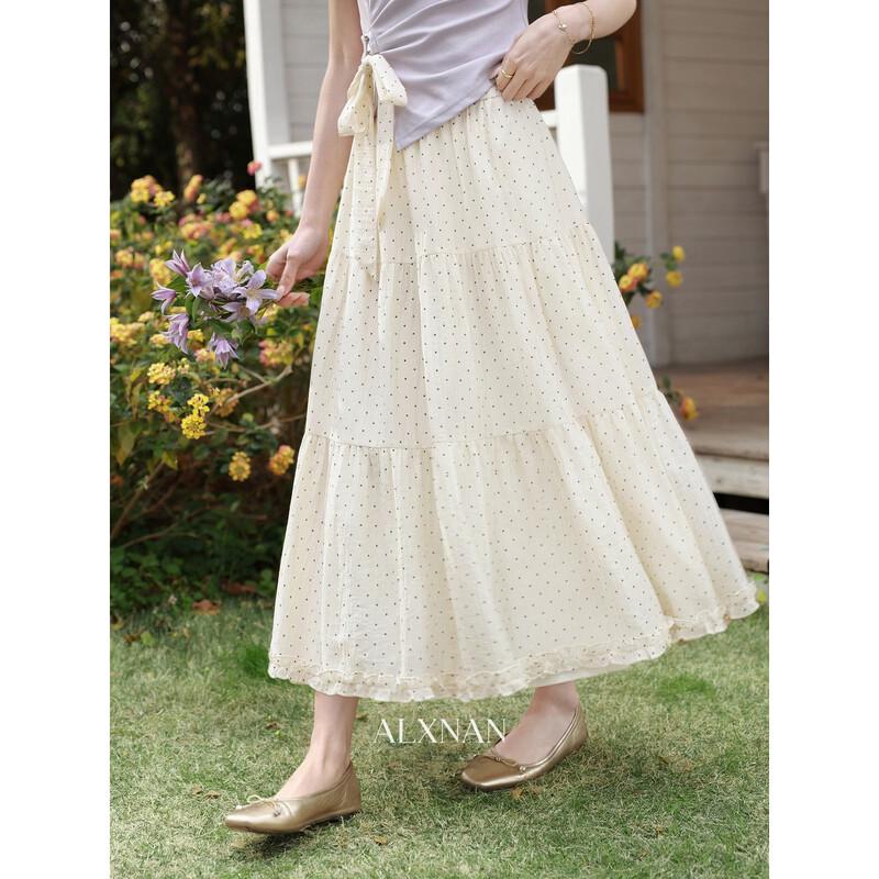 French Polka Dot A-Line Long Skirt M