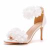 8 Cm Shallow Mouth One-length Strap High Heel Sandals White Flower Light Mouth Sandals Thin Heel Fish Mouth Wedding Bride Wedding Shoes