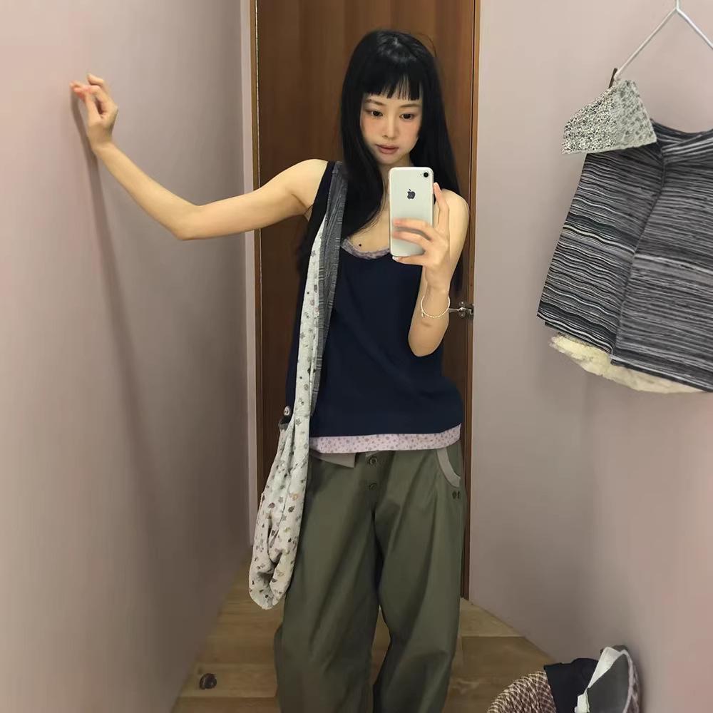 

In-Stock Women s Japanese-Style Cargo Wide-Leg Drawstring Pants - Slimming Color-Block, Perfect for Spring and Summer. XS хаки