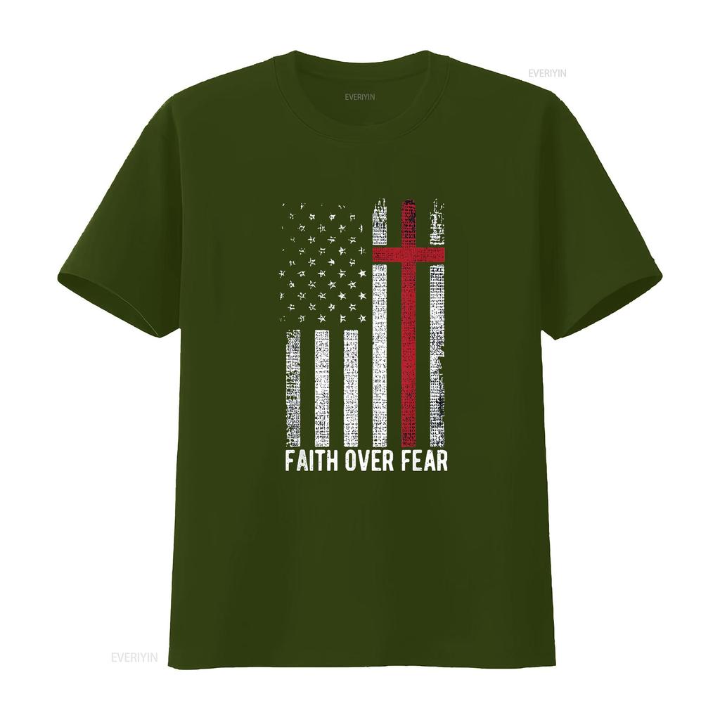 Womens Faith Over Fear American Usa Flag Christian Cross Jesus T Shirt Black 2XL vintage Washed Casual Top For Everyday Wear