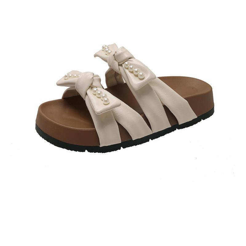 Slippers girl 2025 summer new Korean version of Internet celebrity fairy style bow pearl fashion wear one word cool slippers