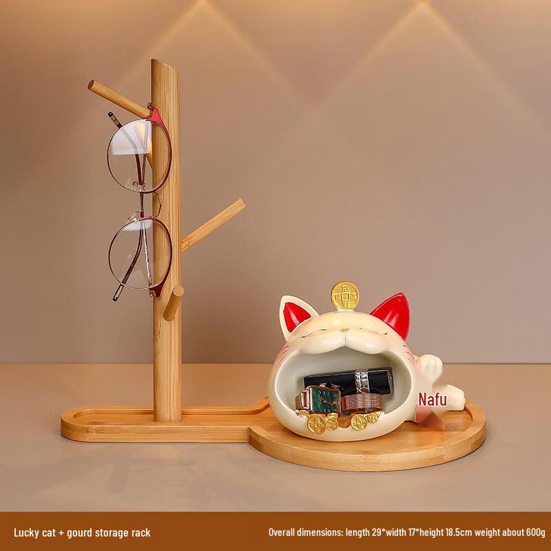 Fumede Lucky Cat Maneki-Neko with Gourd Stand