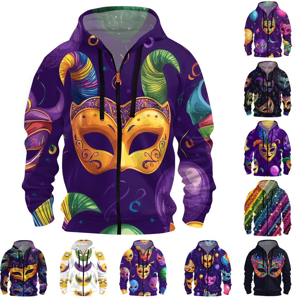Men's Sports Casual Fleece Hoodie Carnival Print Hoodie Cardigan Zipper Multi-pocket Hoodie Coat