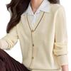 Fake two-piece knitted t-shirt women's long-sleeved autumn new shirt collar contrasting color splicing thin casual top spring