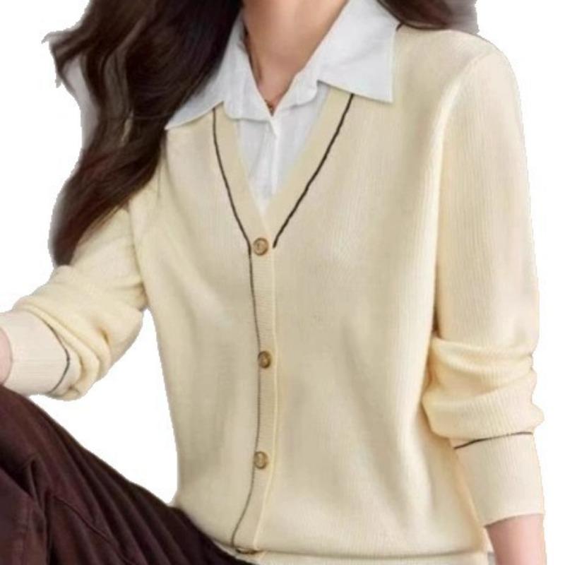 Fake two-piece knitted t-shirt women's long-sleeved autumn new shirt collar contrasting color splicing thin casual top spring