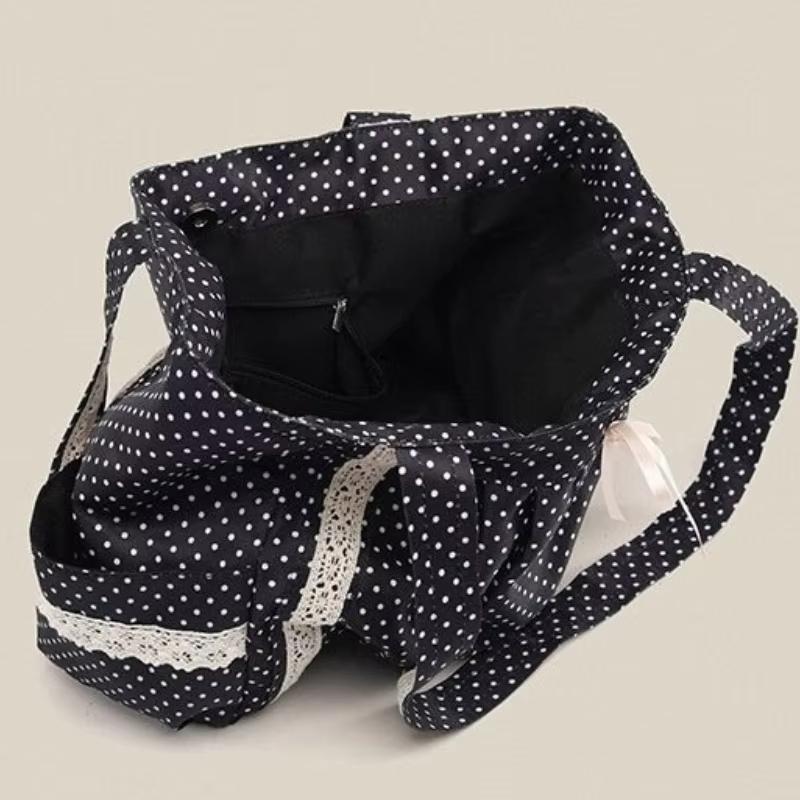 Korean Multi Pocket Polka Dot Lace Shoulder Bag,Vintage Canvas Y2k Girls Tote Bag,Sweet Cute Commuter Work Everyday Handbag
