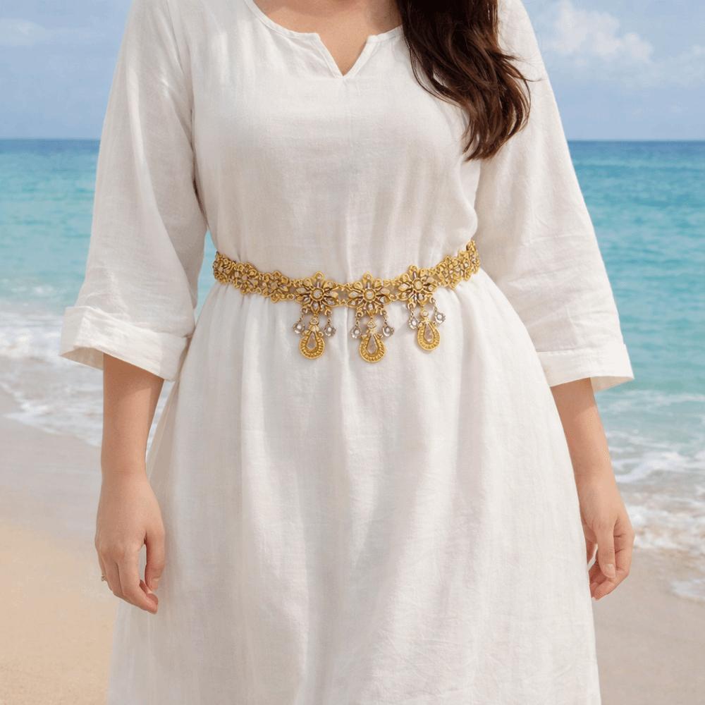 Metal Flower Waist Chain Rhinestone Hollow Out Belt Vintage Belly Chains  Dance Dress