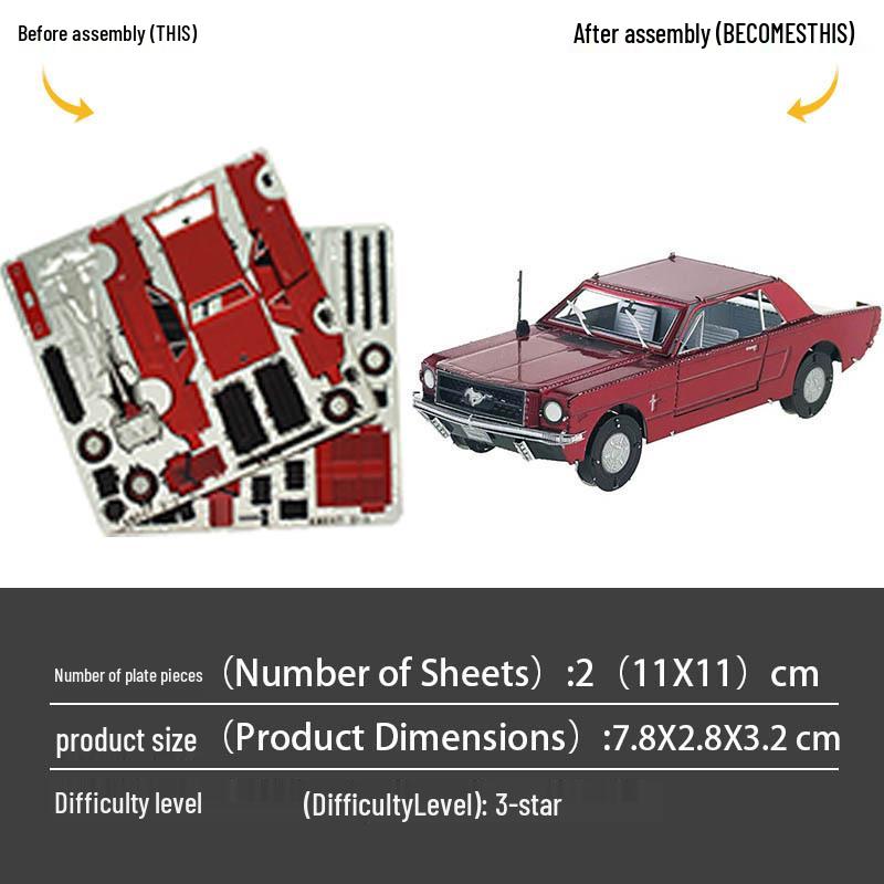 1965 Ford Mustang Sports Car All-Metal 3D DIY Model Puzzle - No Glue Required