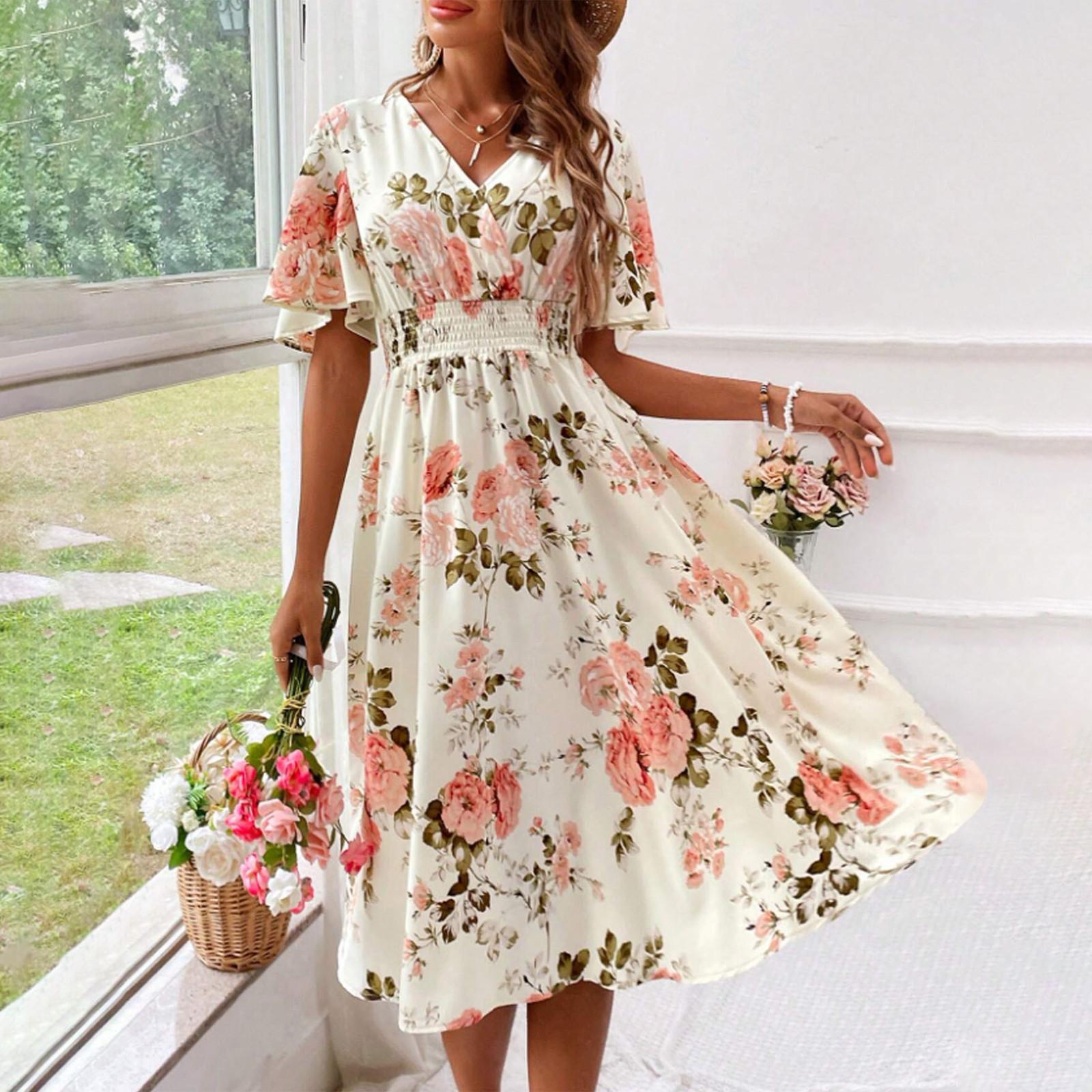 A Summer V-neck Short-sleeved Casual Floral Print Dress For Women XXL