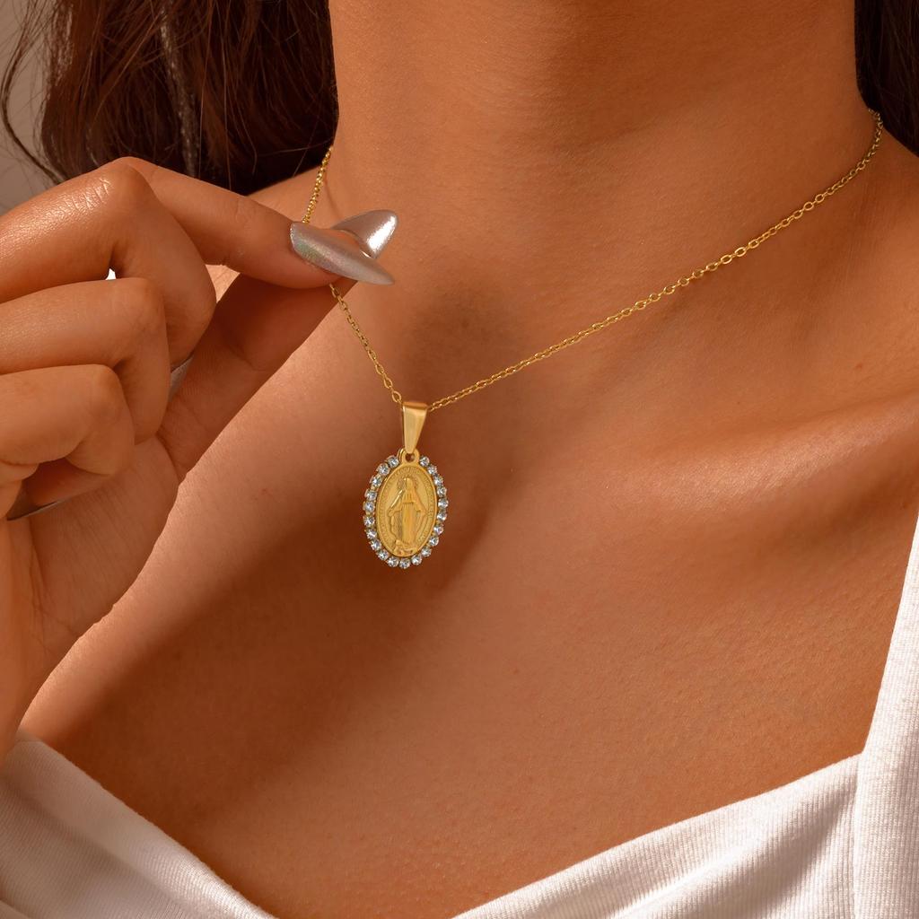 Personalized Zircon Virgin Mary Pendant Necklace for Women, Stainless Steel Gold Plated Necklace,Religious Prayer Amulet Jewelry