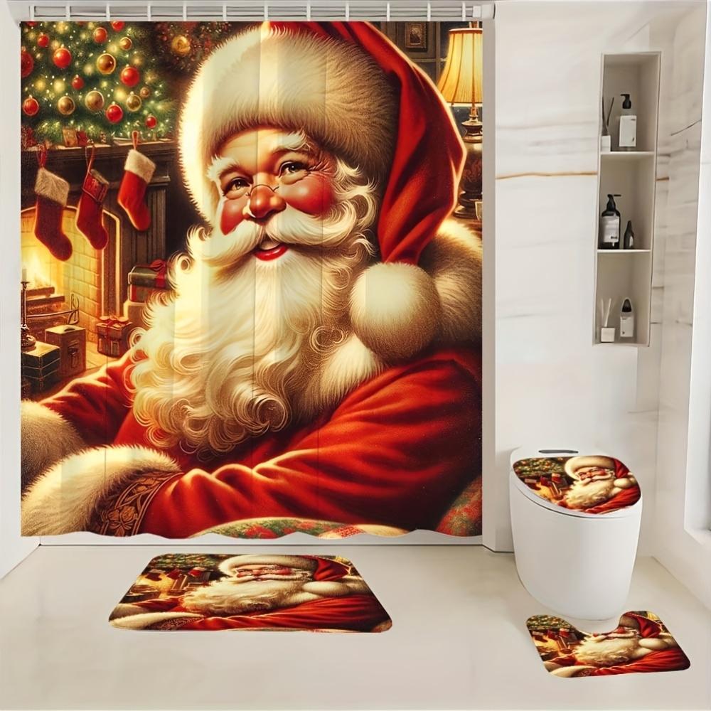 4Pcs Bathroom Shower Curtain Set Santa Claus  Bathroom Curtain With 12 Hooks Non Slip Rugs Toilet Cover Mat Bathroom Partition