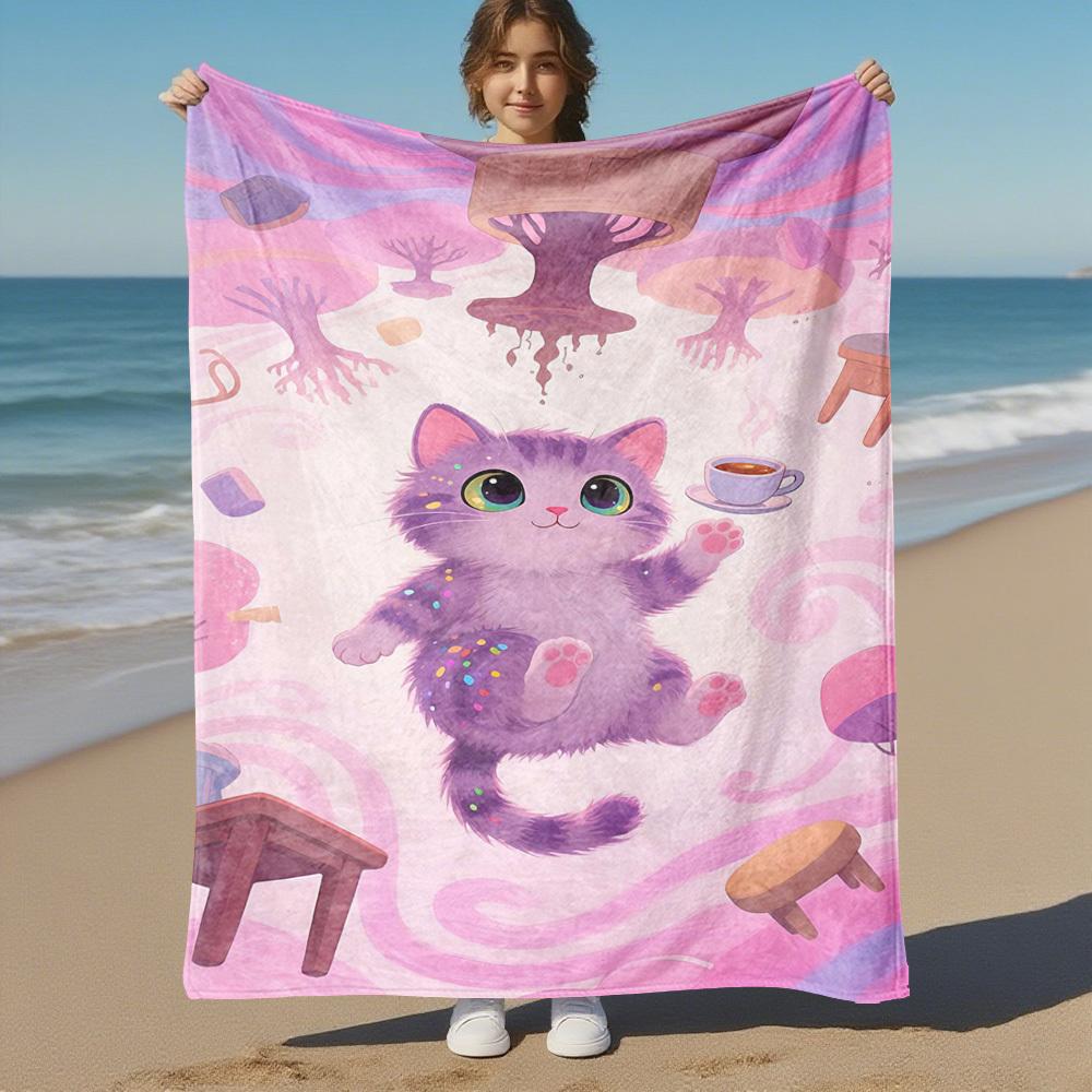 1pc Cat Coffee Outdoor Flannel Blanket Soft Warm All-Season Throw for Sofa Bed Car Camping Office, Cozy Gift Idea1215S