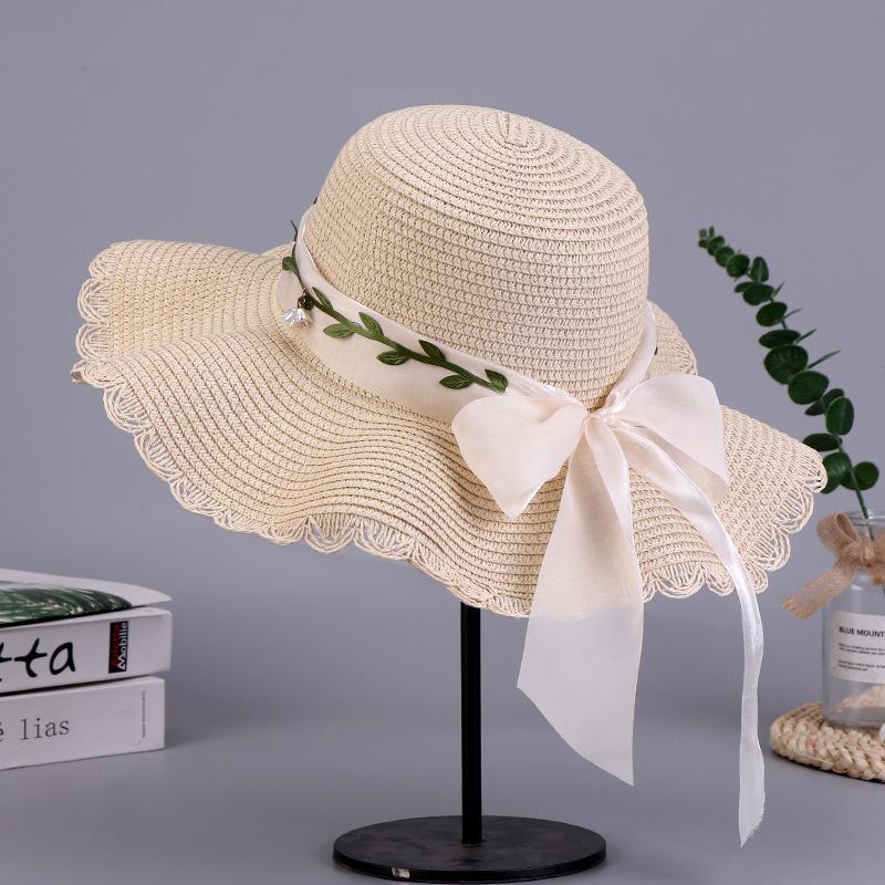 Sommer Damen Schleife Stroh Große Welle Strand Strohhut Outdoor Atmungsaktiv Sonnenschutzhut