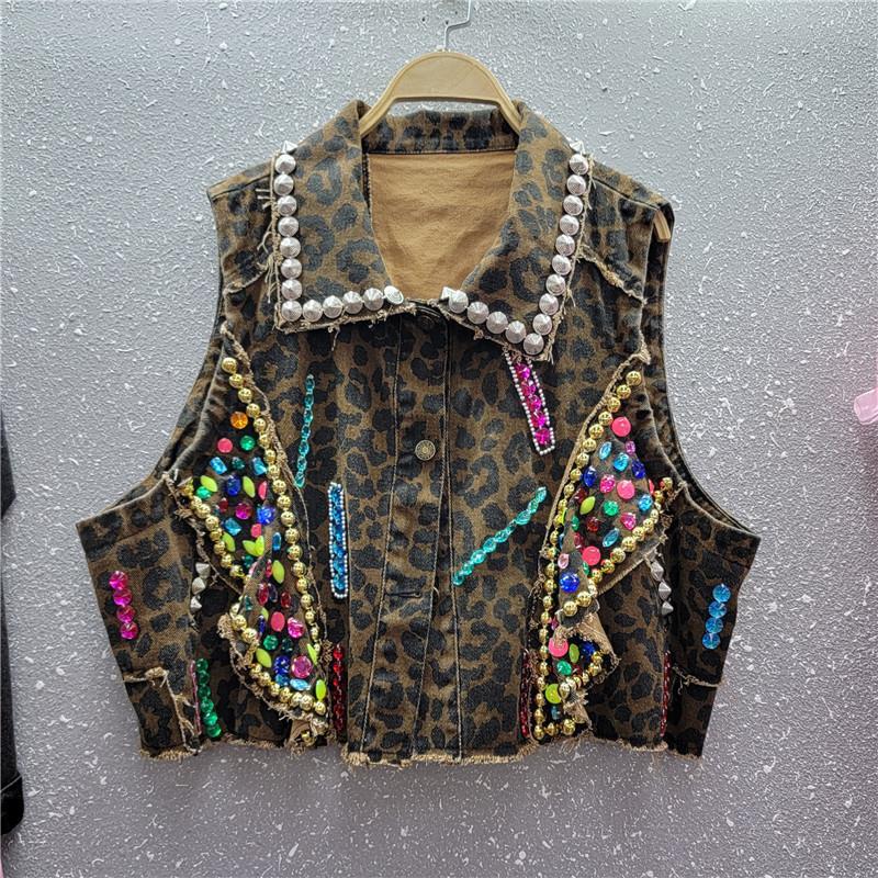 European and American leopard print denim vest women's summer sleeveless vest versatile outer wear vest foreign style short jacket cross-border trendy