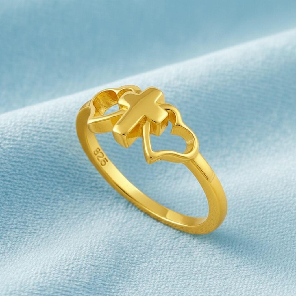 Srebro Próby 925 Pozłacane Pierścionek Damski Krzyż i Serce