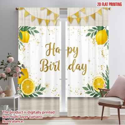 2pcs 2D Flat Printing Scene Curtain Happy Birthday Lemon Theme Banner Fabric Without Electricity Festive Curtains Perfect for