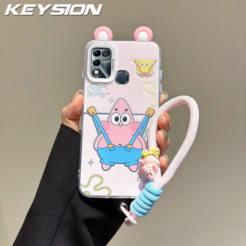 KEYSION Cute Ear Cartoon Case for Infinix Hot 11 Play with Lanyard Soft Silicone+PC Shockproof Phone Back Cover for Infinix Hot 10 9 Play