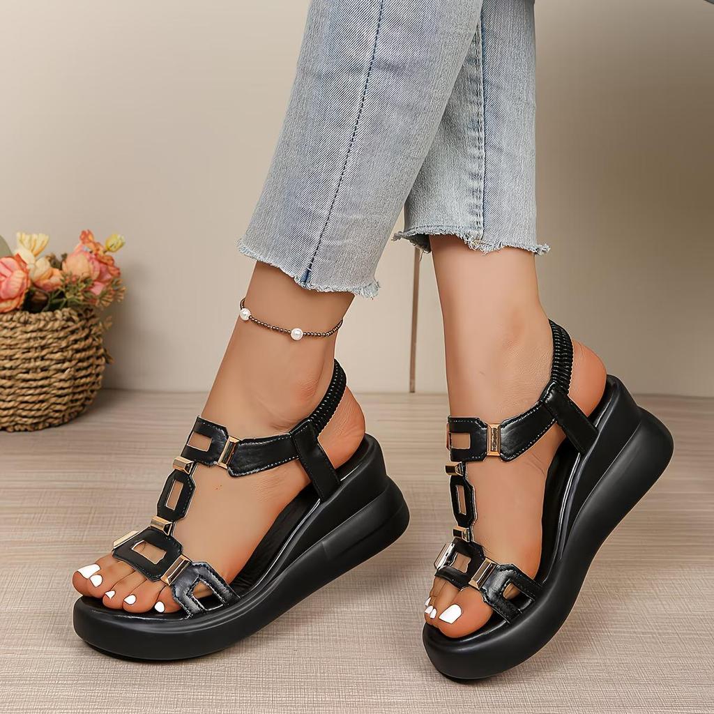 Square Hollow Women'S Wedge Sandals Solid Color Metal Decoration Comfortable Arch Support Open Toe Suitable for Summer Platform Sandals, Women Shoes