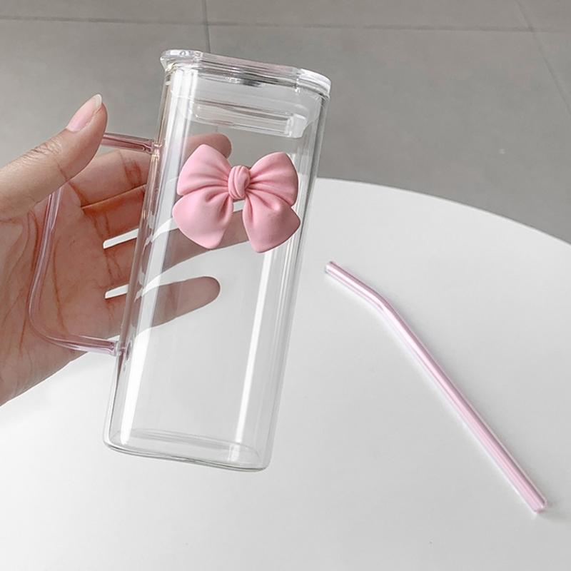 400ml quadratischer Glasbecher mit Strohhalm und Schleifenakzent Hitzebeständiger Wasserbecher für verschiedene Getränke
