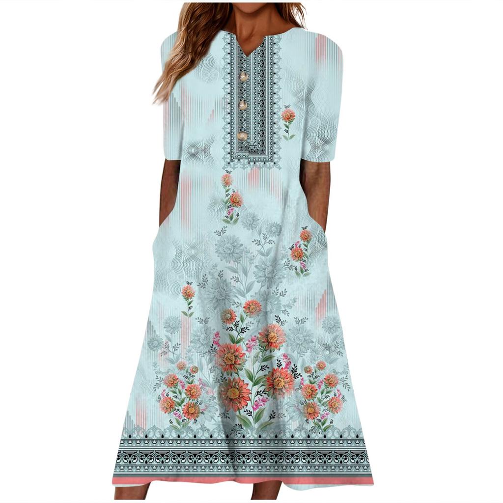 Women's Summer Casual Printed V-Neck Short-Sleeve Swing Dress