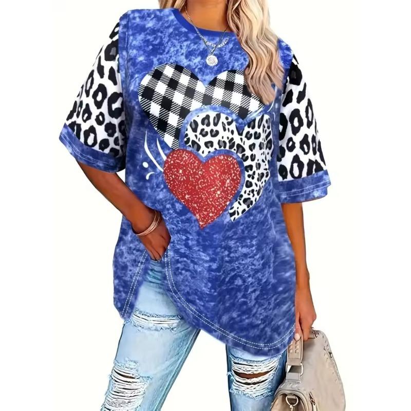 Women's Summer Comfortable Breathable Plus Size 3D Heart  Printed T-shirt- Soft Medium Stretch Polyester Fabric Summer Mens Relaxed Fit Clothing