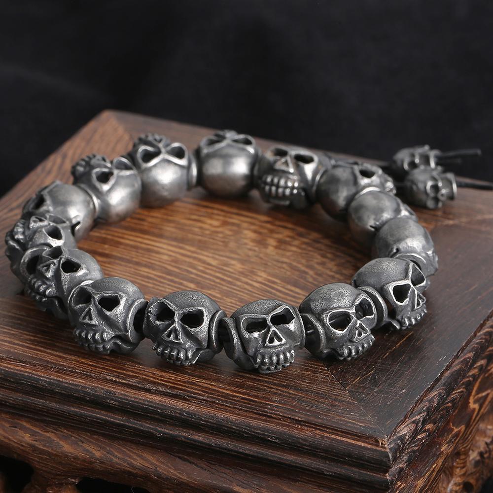 Brățară cu lanț din mărgele cu cap de craniu lucrată manual cool pentru bărbați, din oțel inoxidabil solid, pentru bărbați, brățări pentru bărbați, punk rock, bijuterii, accesoriu