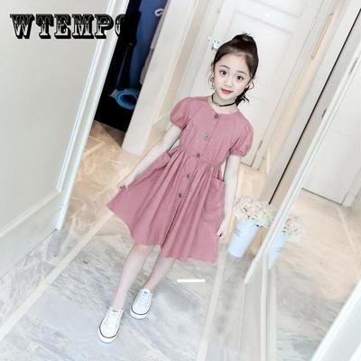 Vestido para niños Primavera Verano cuello redondo ropa para niños ropa para niñas bebés bolsillos con botones Vestido de manga corta para niña