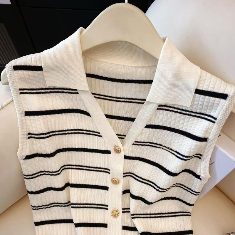 Hangzhou Sijiqing New Striped Design Knitted Sweater Women's Summer Polo Collar Single-breasted Top
