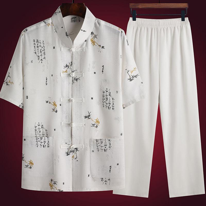 

Мужской костюм Тан, повседневный костюм с короткими рукавами, летняя одежда для пап, людей среднего и пожилого возраста, ханьфу, китайский стиль, мужская летняя одежда XS