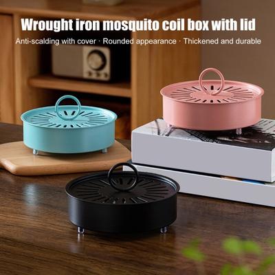 Incense Coil Holder with Handle Cover Portable Indoor Outdoor Camping Fireproof Round Metal Repellent Spiral Incense Burner Ash Catcher Tray