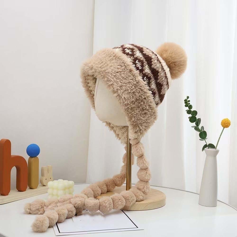 Fleece Lined Fleece Knit Beanie Fur Brim Earflap Winter Cap Pompom Braids Hat  Skiing
