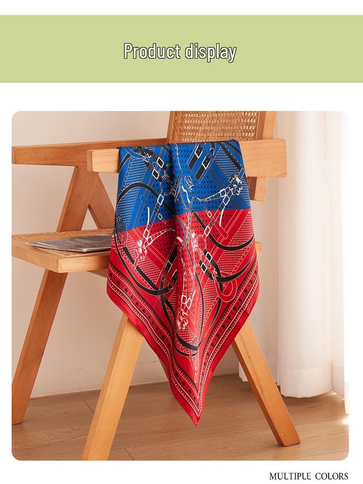 Elegant Autumn Red & Blue Patchwork Mulberry Silk Scarf - Versatile Women's Fashion Accessory