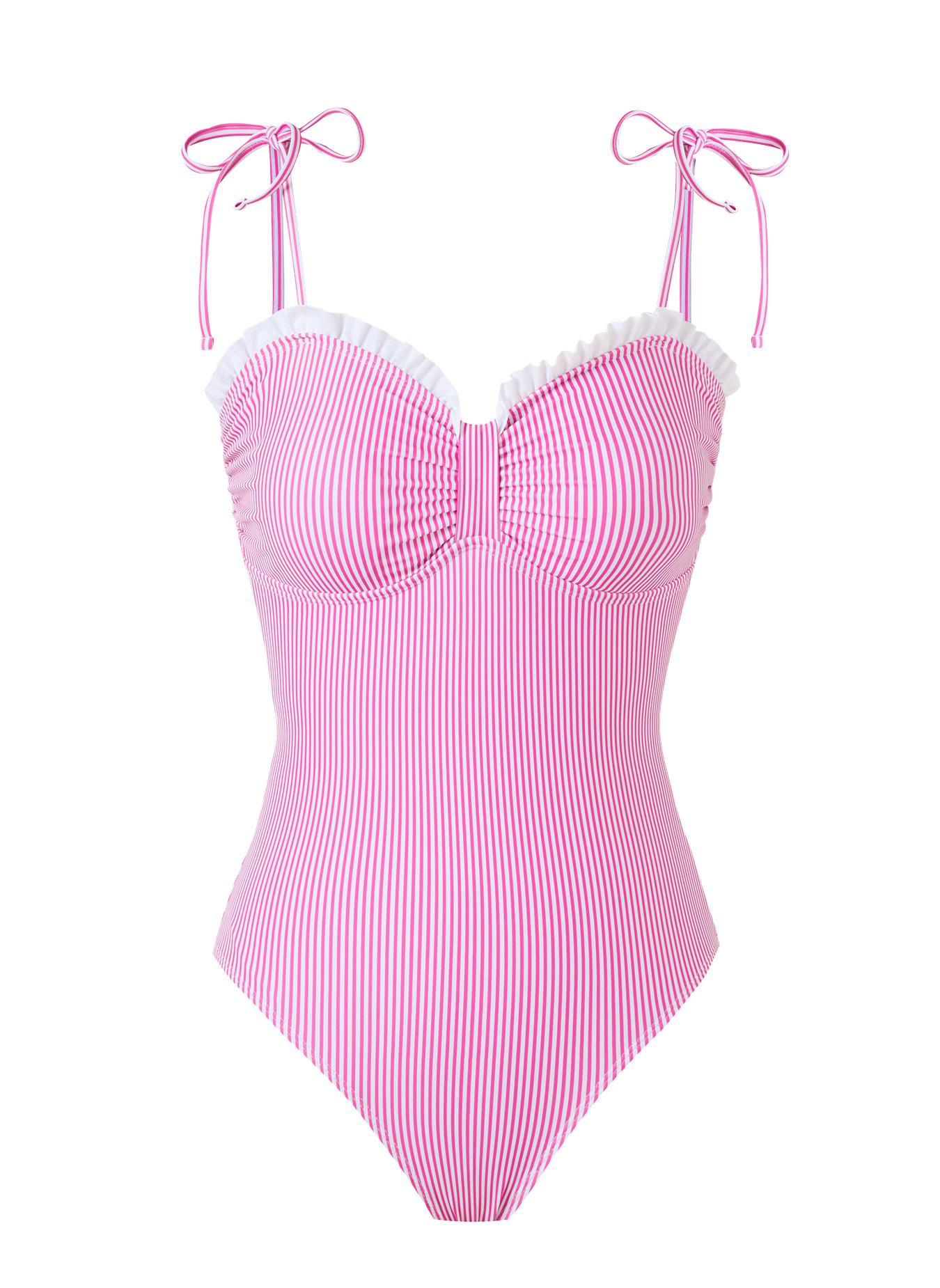 Europäischer & Amerikanischer Sexy Spitzen-Badeanzug in Rosenrot-Gestreift mit Verstellbarem Rücken Small rosa
