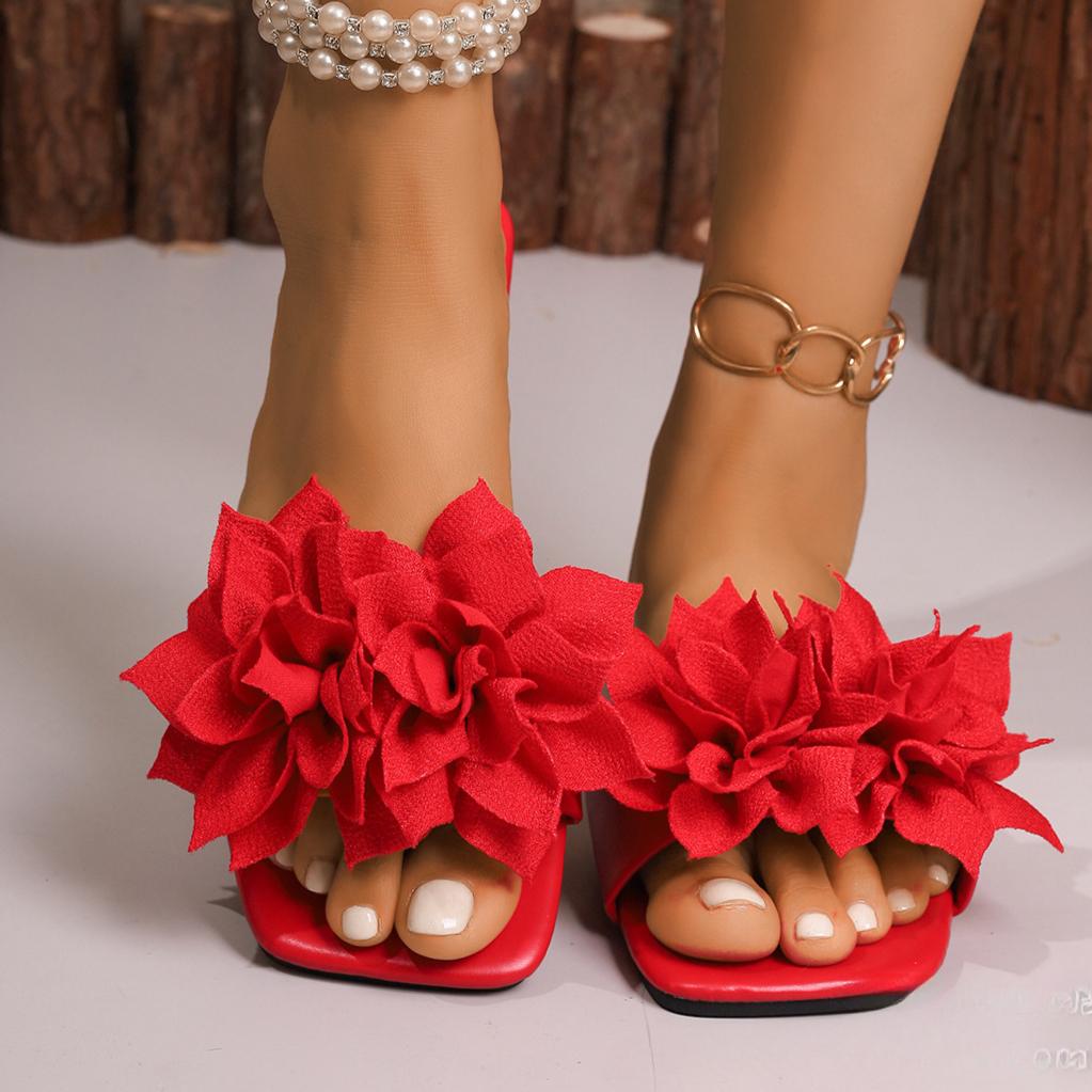 Einfarbige Blume Quadratköpfige Flachboden-Sandalen für Damen Sommer Neue Modische Lässige Strandsandalen