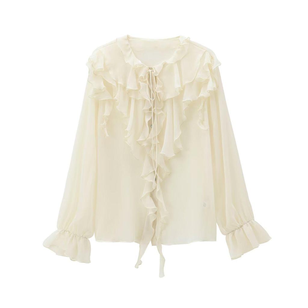 Women's White Ruffled Semi-Transparent Round Neck Tie Long Sleeve Layered Shirt - New French Autumn Design