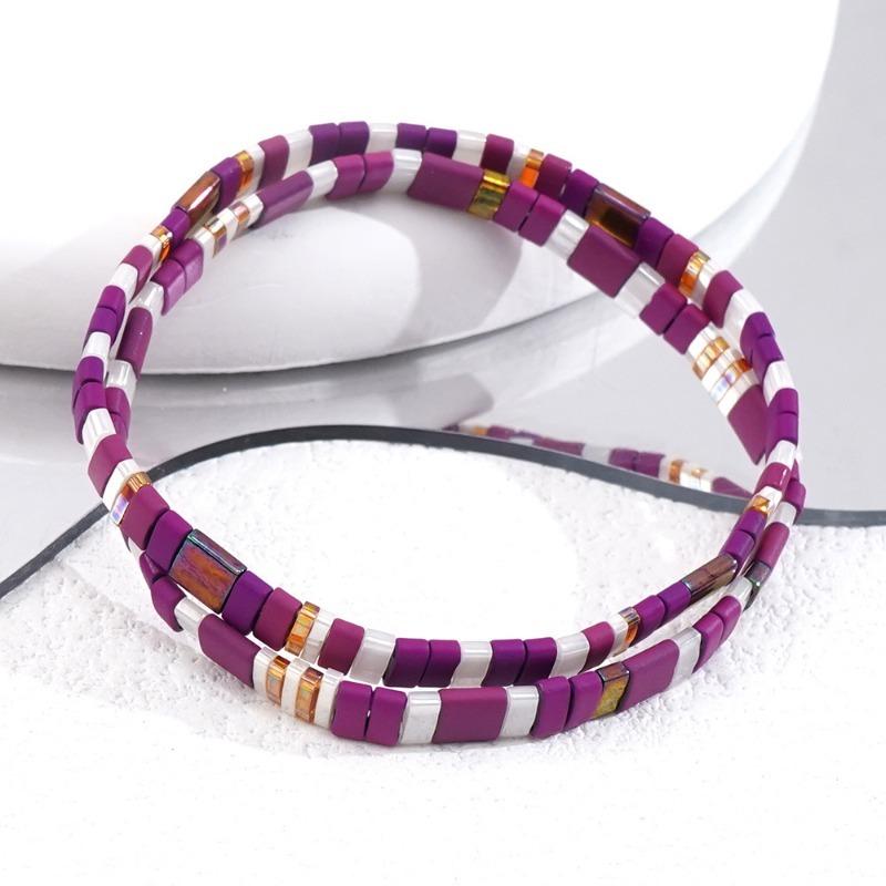 Purple White Boho Seed Bead Bracelet, Handmade Beaded Jewelry for Beach Party Daily Wear