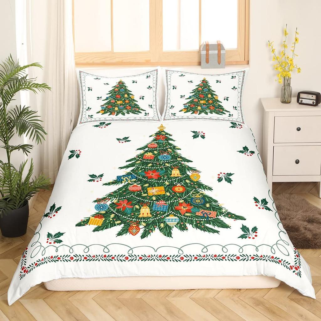 Merry Christmas Comforter Cover Queen King Size Christmas Tree Duvet Cover Pine Tree Bedding Set Xmas Ornament Duvet Cover Set