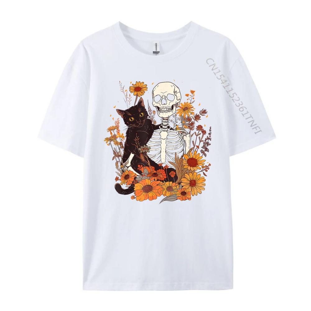 Cat Skeleton Flower Garden Halloween White Graphic Tee Breathable Original Mens TShirts Big And Tall Mothers Day