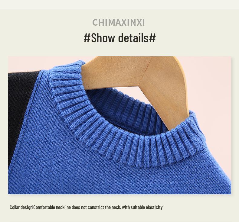 Chłopięcy bawełniany sweter z okrągłym dekoltem w blokach kolorystycznych - z podszewką polarową, gruby dzianinowy na jesień/zimę.