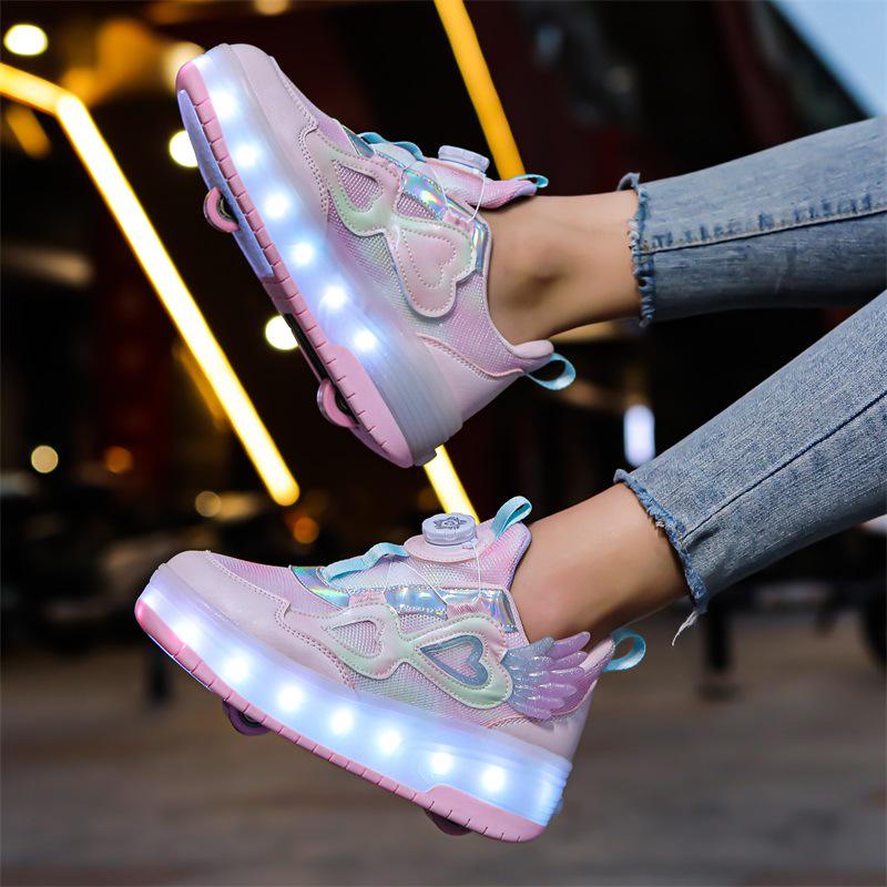 2024 Girls' LED Leather Roller Shoes: Double-Wheel, Removable, Children’s Skating Sneakers