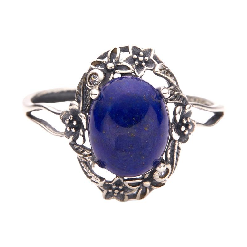 Anello Aperto in Argento Sterling S925 Cristallo Naturale Polvere d'Oro Blu Colore Calcedonio Argento Baotai Stile Etnico Retrò Femminile