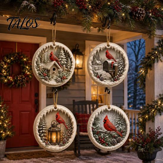 Charming Holiday Tree Accents 2 Pcs Red Bird Christmas Ornaments, 2D Round Acrylic Snowy Scene Classic Keepsake Ornaments Xmas Hanging Decoration for