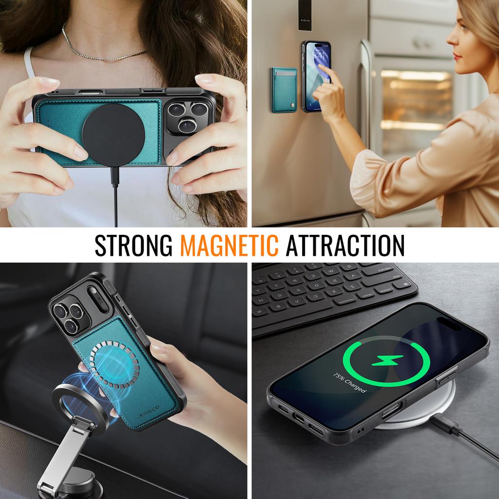 For iPhone 17 Pro Max Leather Back Cover JEEHOOD J06 Magnetic Phone Case with Card Bag RFID Blocking