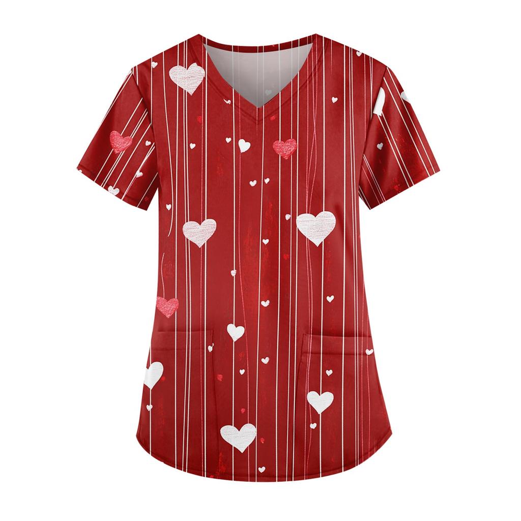 Women's Cute Printed Work Clothes V-neck Double Layer Pockets Basic Short Sleeve Top Pullover Christmas