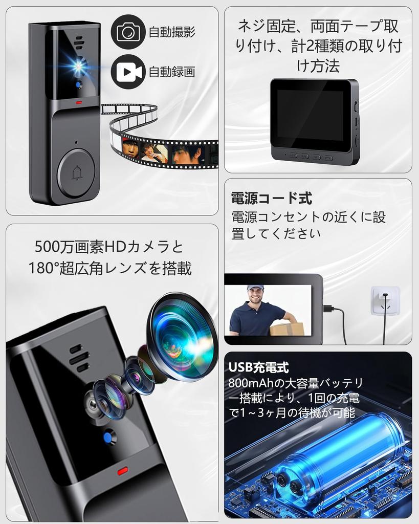 Video Doorbell with Camera, No Installation Required, Full Body View, 180° Ultra-Wide Angle, Smart Doorbell, Video Doorbell, Two-Way Voice Communicati