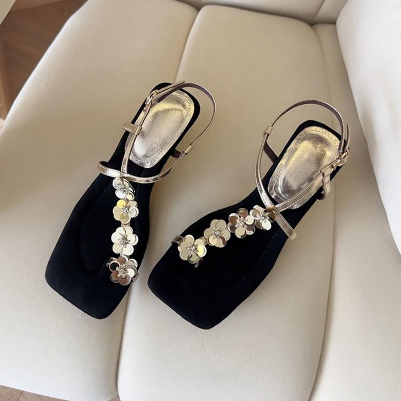 Sheepskin version~ Square head sequined flower toe sandals women's exquisite skirt with wedge sandals