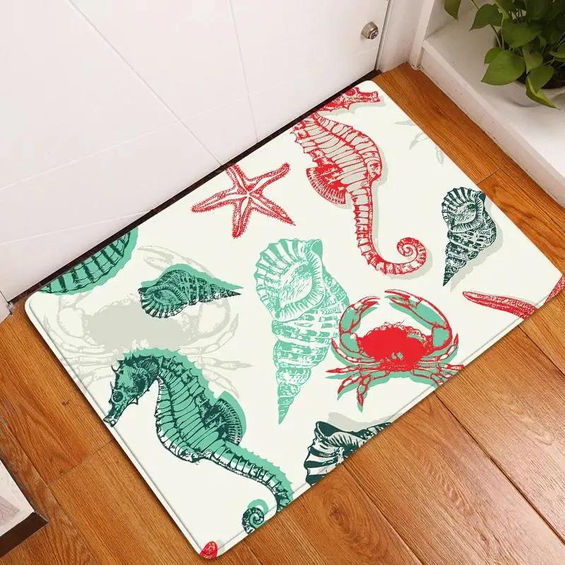 Soft Non-slip Water Absorbent Green Marine Life Seahorse Starfish Seashell Crab Bathroom Kitchen Fresh Mat Rug Carpet Home Decor