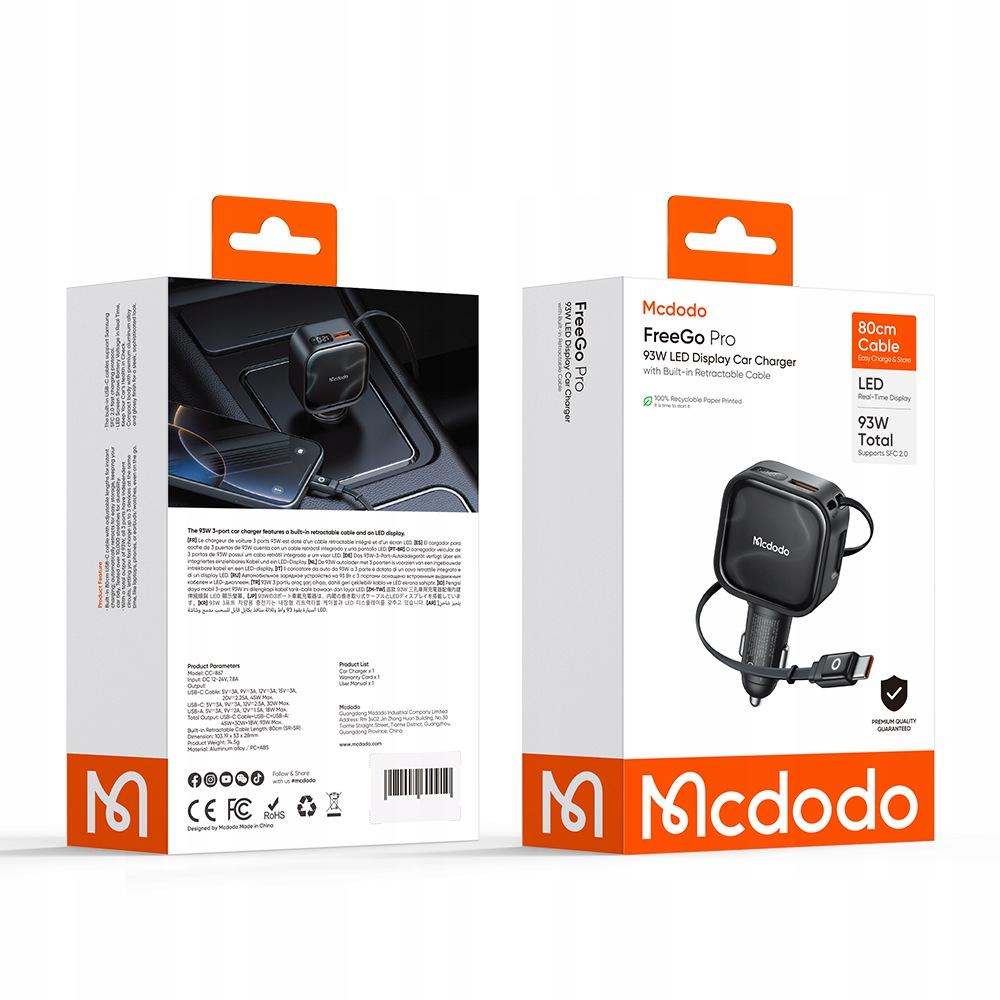 Mcdodo Szybka Ładowarka Samochodowa 3X Usb Usb-C 93W Led Kabel Zwijany 1M