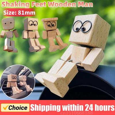 Shaking Wooden Man Figurine Handmade Shaking Feet Wooden Doll Car Dashboard Desktop Decoration Ornament